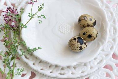 Beyaz bir tabakta bıldırcın yumurtası ve yabani çiçekler.