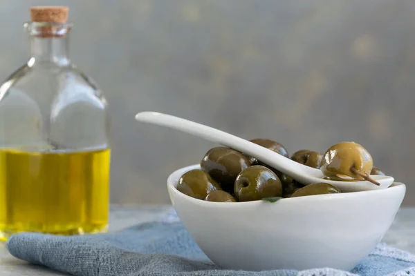 Olives Vertes Huile Olive Alimentation Saine Ingrédients Cuisine — Photo