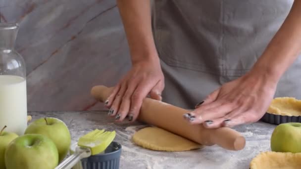 Primer Plano Las Manos Mujer Preparando Pastel Dulce Con Manzanas — Vídeos de Stock