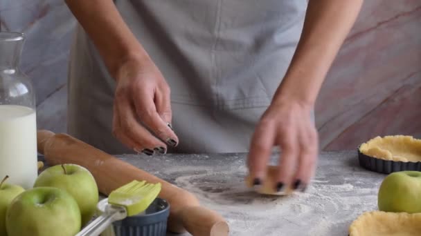 Primer Plano Las Manos Mujer Preparando Pastel Dulce Con Manzanas — Vídeos de Stock