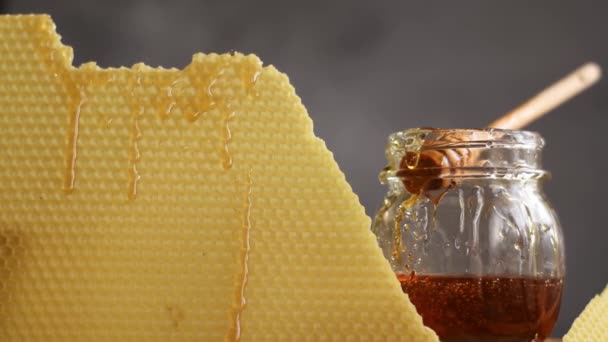 Łyżki Surowego Pszczoły Miodnej Ciemnym Tle Koncepcja Zdrowego Odżywiania — Wideo stockowe