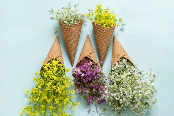 Waffle dondurma külahları taze çiçeklerle doludur.