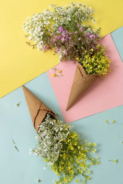 Waffle dondurma külahları taze çiçeklerle doludur.