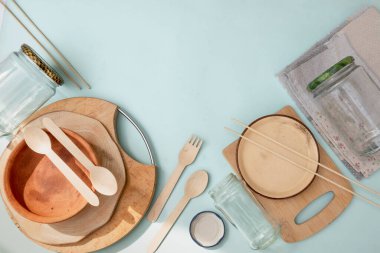 Çevre dostu yeniden kullanılabilir mutfak aletleri. Ekoloji, geri dönüşüm, plastik yok, sıfır atık kavramı