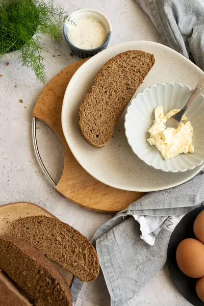 Ingredientes Para Una Cocina Saludable Granja Huevos Pan Negro Trigo — Foto de Stock