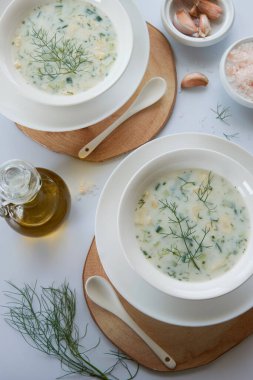 Yaz ferahlatıcı soğuk yoğurt çorbası, taze çiğ sebze ve süt ürünleriyle sağlıklı yemek.