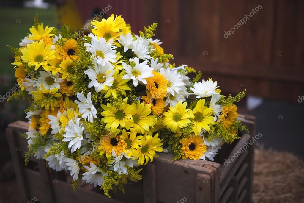 Bouquet Of Daisy Flowers At A Country Barn Wedding Stock Photo