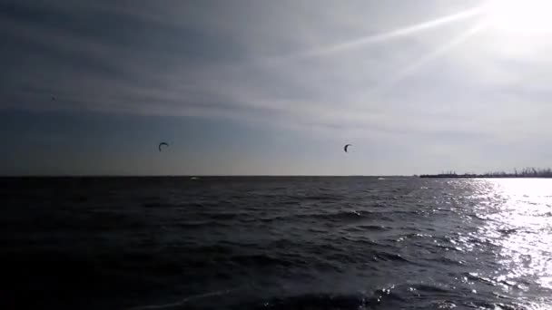 Mar de olas azov, Kitesurf lejos sobre el mar — Vídeo de stock