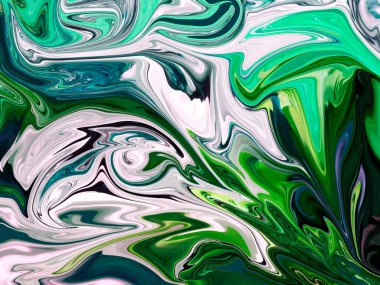Yeşil renkli fantezi akışkan sanat arka planında beyaz ve mavi ve ıslak efektli. Sıvı mürekkebin dalgalanma etkisi. Sıvı mermer.