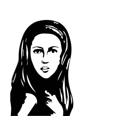 Genç Kadın, çok yakından çekilmiş bir portre. Uzun siyah bir saçları var..