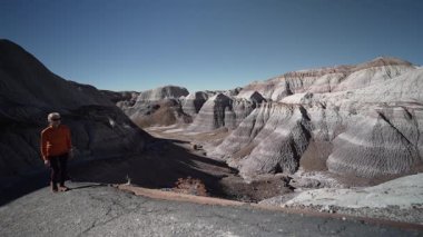 Olgun bir kadın Petrified Forest Ulusal Parkı 'ndaki Mavi Mesa bölgesinde yürüyor Arizona' nın doğal güzelliğinin ve manzarasının tadını çıkarıyor..