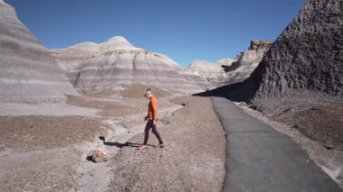 Olgun bir kadın, açık gökyüzünün altındaki Taşlaşmış Orman Ulusal Parkı 'nda yürürken Mavi Mesa bölgesini keşfediyor..
