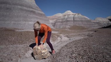Olgun bir kadın güneşli bir günde Arizona 'da yürüyüş yaparken Petrified Forest Ulusal Parkı' ndaki Mavi Mesa 'nın eşsiz manzarasını keşfeder..