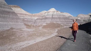 Olgun bir kadın Arizona 'daki Petrified Forest Ulusal Parkı' nda Mavi Mesa 'nın patikalarında yürüyor ve olağanüstü kaya oluşumlarını keşfediyor..