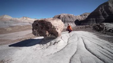 Yürüyüşçü, Arizona 'daki Petrified Forest Ulusal Parkı' ndaki manzaranın tadını çıkarırken Mavi Mesa 'nın eşsiz manzarasını keşfeder..