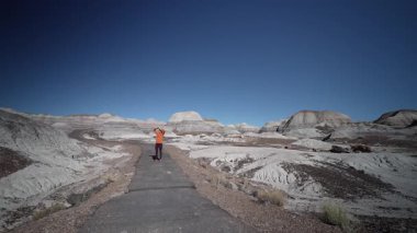 Kadın Petrified Forest Ulusal Parkı 'nda Mavi Mesa' da yürüyor, Arizona 'nın büyüleyici manzarasının ve açık gökyüzünün tadını çıkarıyor..
