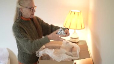 Olgun bir kadın, oturma odasındaki antika aile yadigarları ve porselenlerle dolu kutuları incelerken her bir eşyayı ortaya çıkarır..