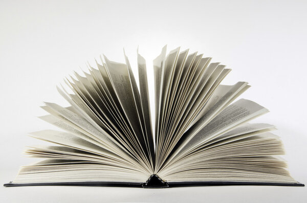 Open hardcover book with pages in the form of a fan, on a gray background