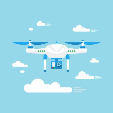 Dron, mavi zemin üzerine beyaz bulutlar Quadcopter Uav vektör çizim tasarımı.