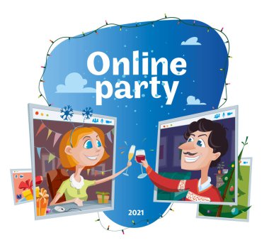 İnternet partisi, yeni yıl, arkadaşlarla buluşma. Kız ve bilgisayar pencerelerindeki adam şarap kadehlerini kaldırıyorlar. Neşeli atmosfer, Noel ağacı, hediyeler. Vektör illüstrasyonu.