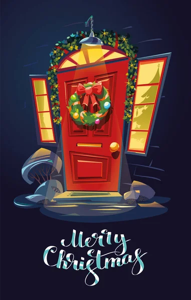 Veranda van huis met prachtige decor kerstkrans op de rode deur. Handgeschreven kalligrafische letters Vrolijk kerstfeest. Vectorillustratie. — Stockvector