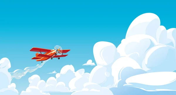 雲の中の赤い航空機。空に飛行機、テンプレートです。平図. — ストックベクタ