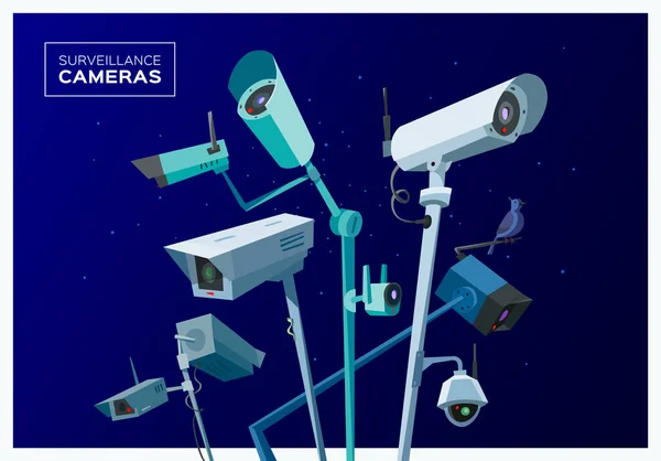 Surveillance cameras. Camcorders outdoor Set. Night sky background — Stock Vector