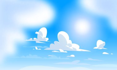 Atmosferik aydınlatma, mavi gökyüzü, beyaz yemyeşil bulutlar ve güneş. Çizgi film biçimi.