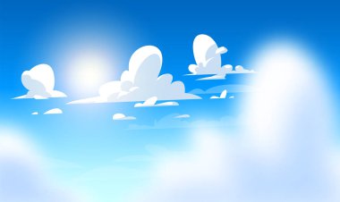 Atmosferik aydınlatma, mavi gökyüzü, beyaz kümülüs bulutları ve güneş. Çizgi film biçimi.