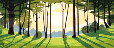 Yaz, güneşli çayır, ağaçların manzarası, dağlar ve gökyüzü.