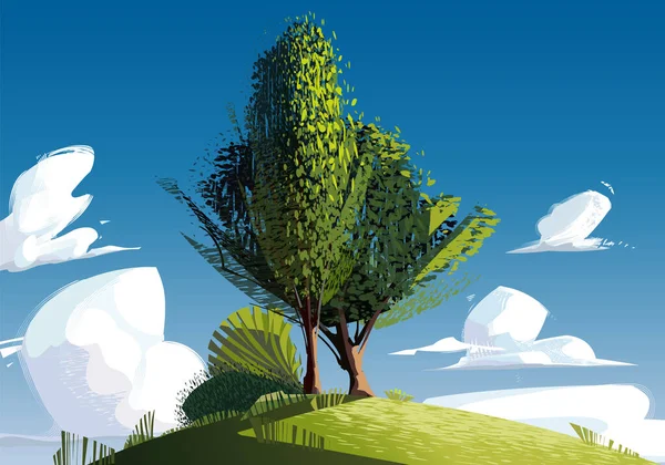 Ağaçlarla çevrili yeşil tepe, yemyeşil bulutlar.