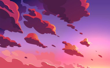 Güzel gün batımı gökyüzü, çarpıcı ışıkla bulutlar. Renkli pembe bulutlu gün batımı. Çizgi film biçimi illüstrasyonu. 