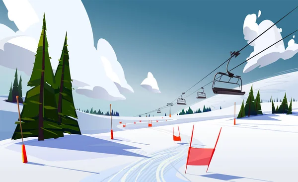 Winter mountains panorama with ski slopes and ski lifts on a sunny day — Stock Vector