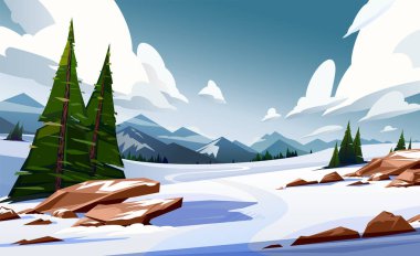 Beautiful winter mountain landscape, trees, hills snowy
