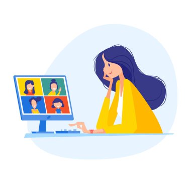 Kadın dizüstü bilgisayarda oturuyor, iş arkadaşlarıyla pazarlık ediyor. Evden uzak çalışma, online toplantı. Konferans Ağı