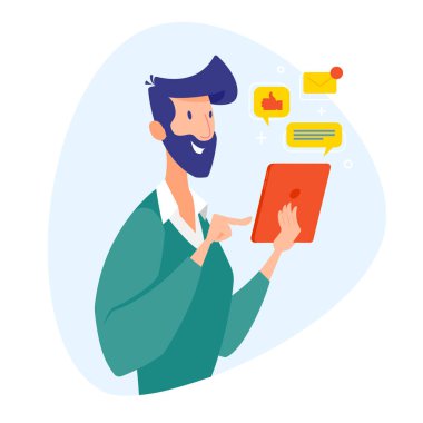 Bir tablet üzerinde çalışan iş adamı, mesajların, mektupların, sosyal ağların simgelerinin etrafında. Çizgi film tarzında resimleme