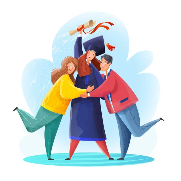 Выпускник. Родители поздравляют и обнимают студента, окончившего университет. Мама и папа очень счастливы.. — стоковый вектор