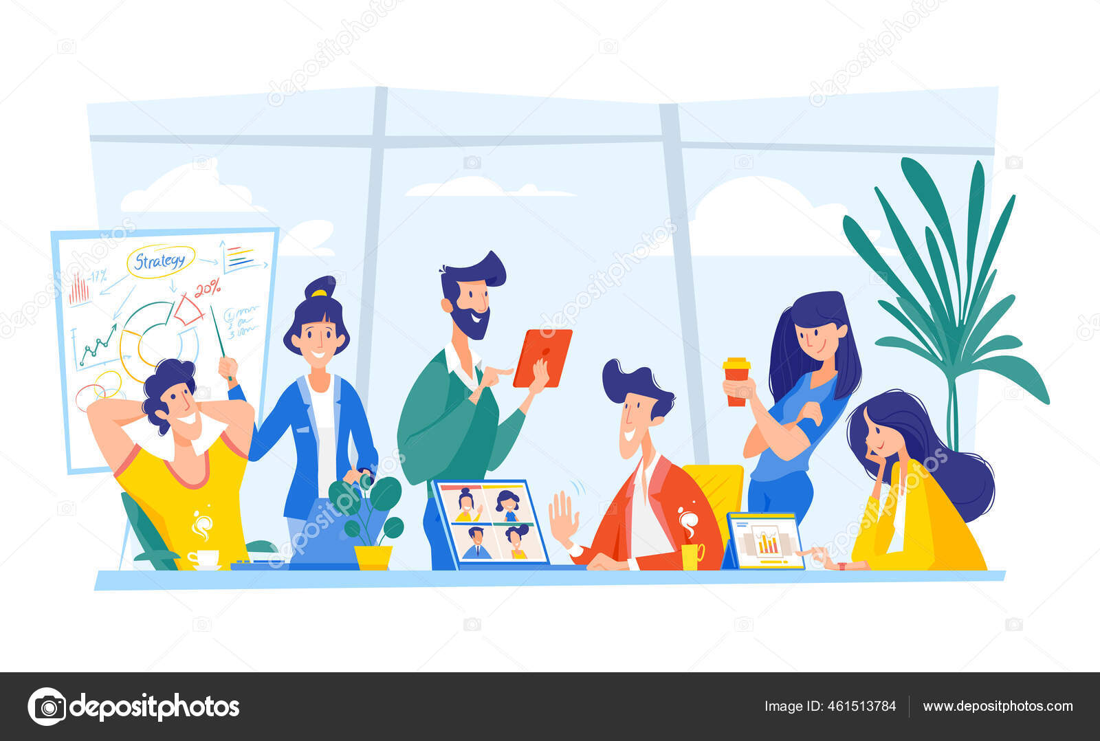 Business meeting. Teamwork man and woman. Team building, people sitting an  desktop with laptop discussing new strategy Stock Vector Image by ©DimTik  #461513784