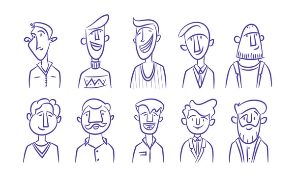 얼굴의 아바타 설치. 인형들은 행복 한 암탉들, 스케치 아이콘들을 다양하게 표현 합니다. 손으로 그린 만화의 남자 머리. 웹, 소셜 네트워크 — 스톡 벡터