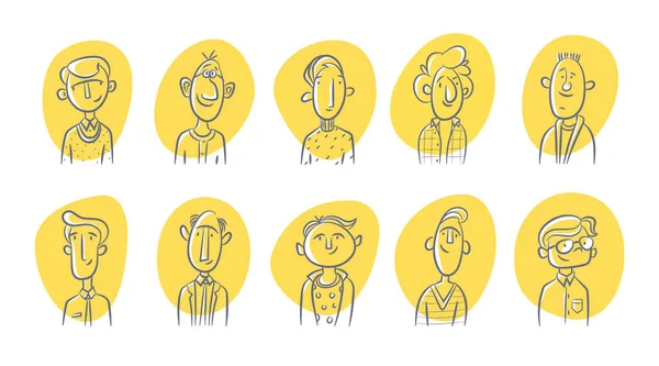Avatares faciales listos. Retratos de diversos hombres felices, iconos de bocetos. Cabezas de dibujos animados de línea dibujada a mano de hombre. Web, red social — Vector de stock