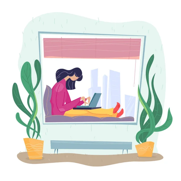 Mulher freelance trabalhando remotamente usar computador ou laptop em local de trabalho confortável isolado em branco. Trabalhador não assalariado no escritório de origem —  Vetores de Stock