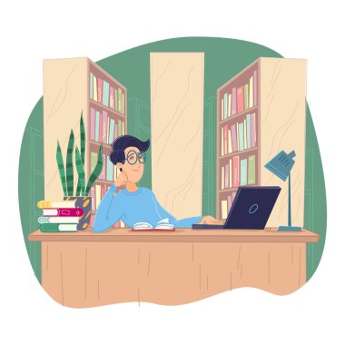 Serbest çalışan bir adam rahat bir iş yerinde dizüstü bilgisayar kullanıyor. Ofisteki serbest çalışan kişi beyazlar içinde izole edilmiş.