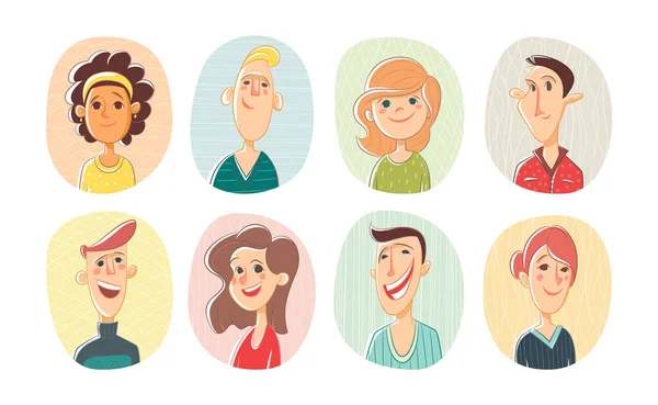 Establecer diferente persona retrato diverso equipo de negocios vector ilustración plana. Colección de personas avatares aislados. Un montón de colegas sonrientes y alegres. Hombre y mujer se enfrenta a un marco redondo. Estilo de dibujos animados — Vector de stock