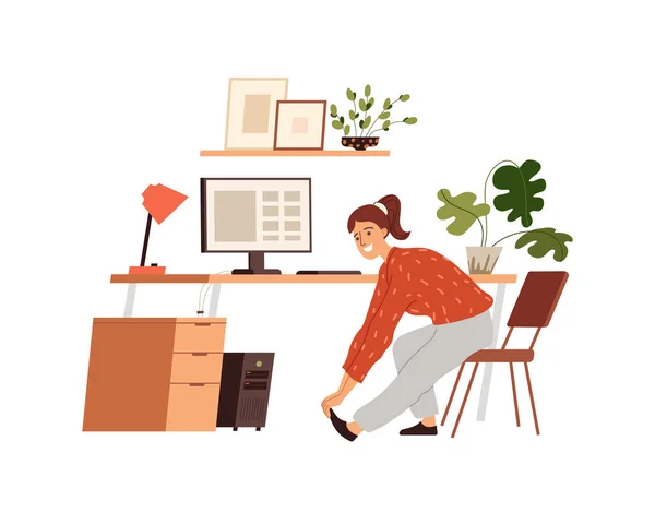 Kvinna gör uppvärmning på arbetsplatsen, vektor platt illustration isolerad. Flicka tränar träning på kontoret, stretcha genom att ta en paus. Tecknad stil. — Stock vektor