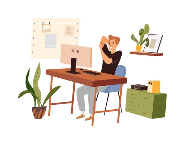 Homem fazendo aquecimento no local de trabalho, ilustração vetorial plana isolada. Masculino praticando treino no escritório, alongando-se fazendo uma pausa. Estilo dos desenhos animados. —  Vetores de Stock