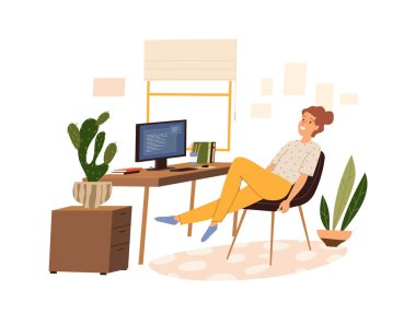 Kadın işyerinde ısınıyor, vektör düz çizim izole edilmiş. Ofiste egzersiz yapan bir kız, ara vererek esneme hareketleri yapıyor. Çizgi film biçimi.