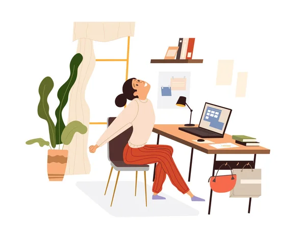 Woman doing warm-up at the workplace, vector flat illustration isolated. Girl practicing workout in the office, stretching by taking a break. Cartoon style. — Stock Vector