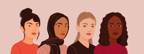 Tema multiculturalismo. Cuatro mujeres de diferentes nacionalidades, culturas, color de piel y cabello están de pie lado a lado. Chicas valientes apoyan el movimiento feminista. Hermandad y amistad femenina. — Vector de stock