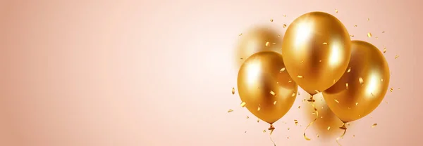 Vettore di sfondo con palloncini 3D realistici festivi con nastro. Design celebrativo con palloncini color oro su rosa cosparso di confetti scintillanti. Elegante poster, copertina, banner, sito, app mobile — Vettoriale Stock