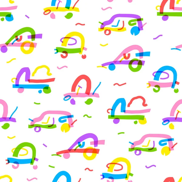Seamless pattern of different cars in bright colors. Background abstract cars in simple line style. Kids drawing. Childrens minimalist background. Print for babys design. Vector colorful automobiles. — Stock Vector